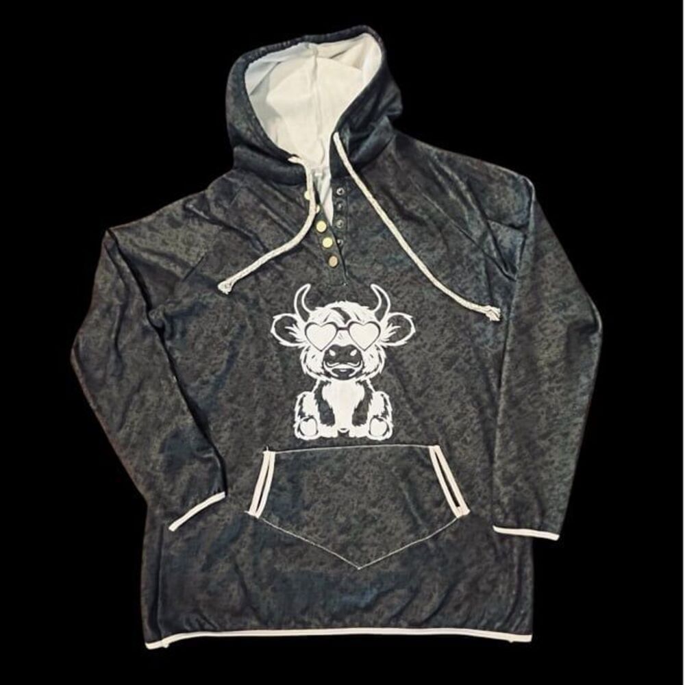 HIGHLAND COW SWEATSHIRT HOODIE WOMEN SIZE MEDIUM BLACK/DARK GRAY